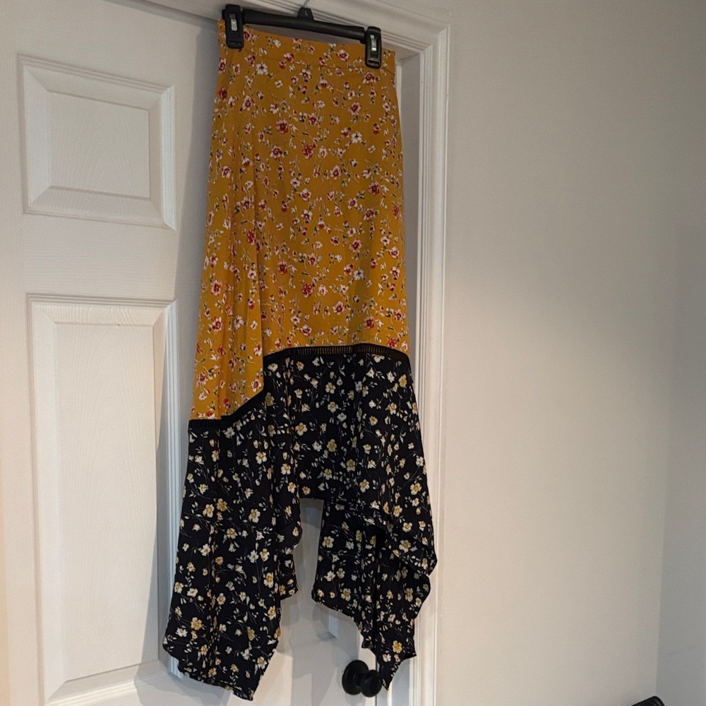 Anthropologie Mustard and Black Floral Asymmetrical Skirt
